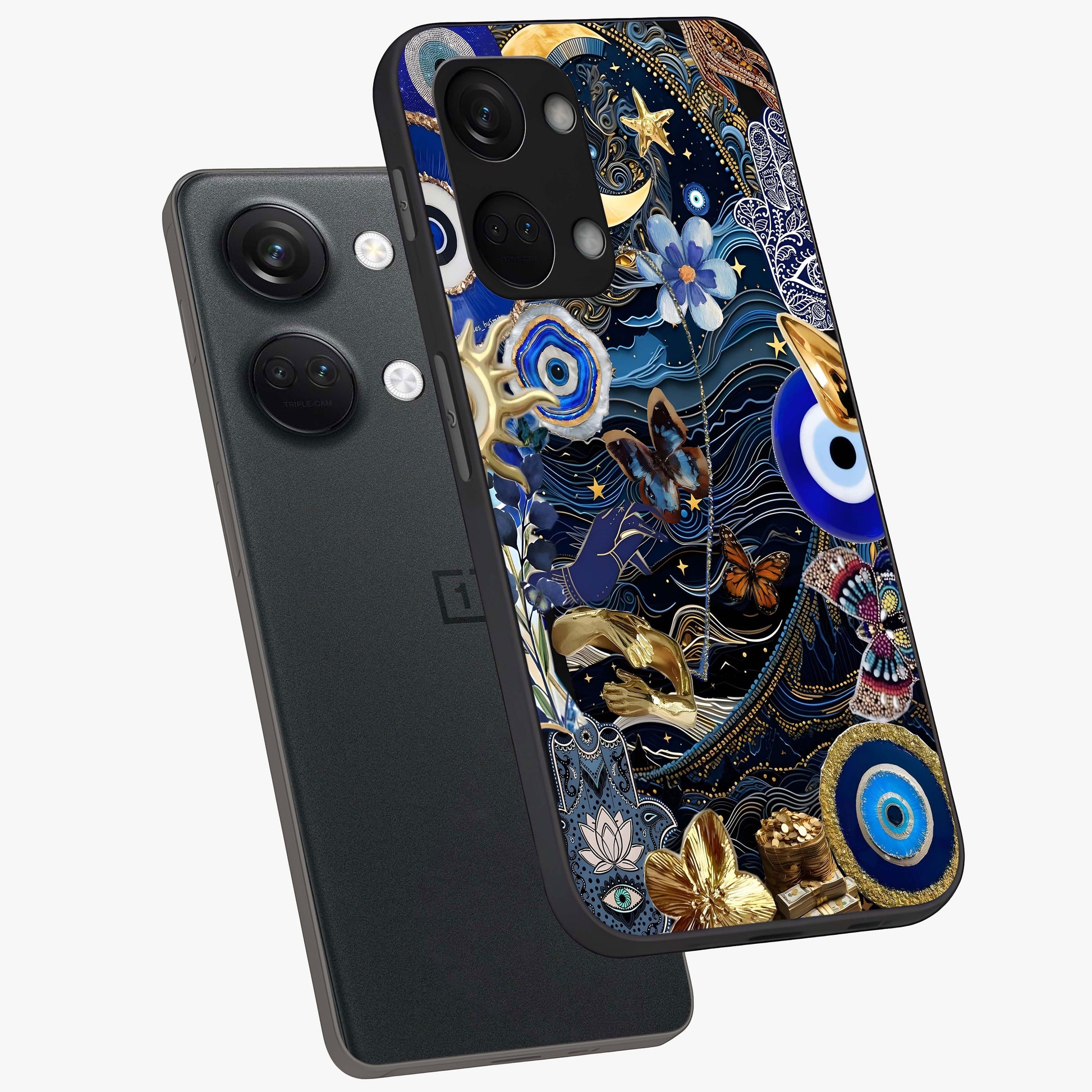 Celestial Blessing Shield Glass Case for 1+Nord 3 angled mockup showcasing glossy finish and divine design elements