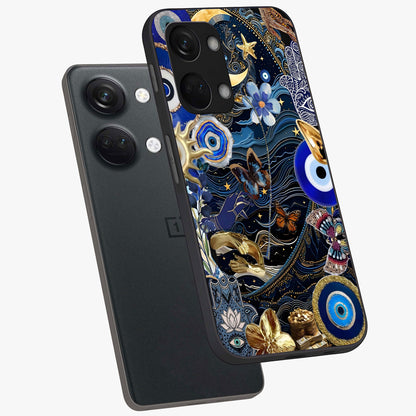 Celestial Blessing Shield Glass Case for 1+Nord 3 angled mockup showcasing glossy finish and divine design elements