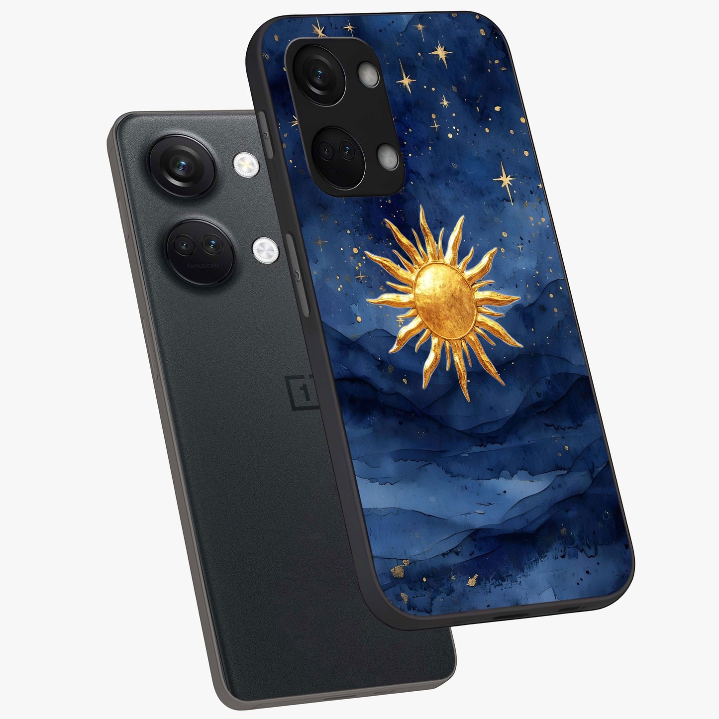 Celestial Blue Glow Glass Case for 1+Nord 3 angled mockup showcasing glossy finish and luminous celestial tones