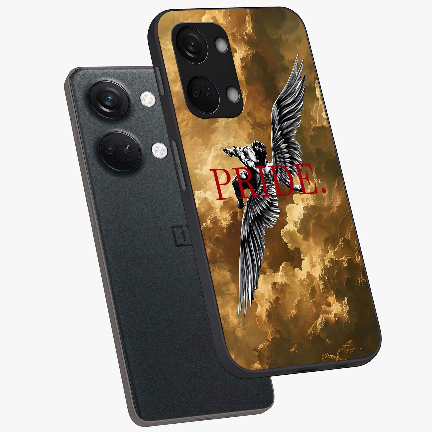 Celestial Fallen Pride Glass Case for 1+Nord 3 angled mockup showcasing glossy glass finish and intense night sky detailing