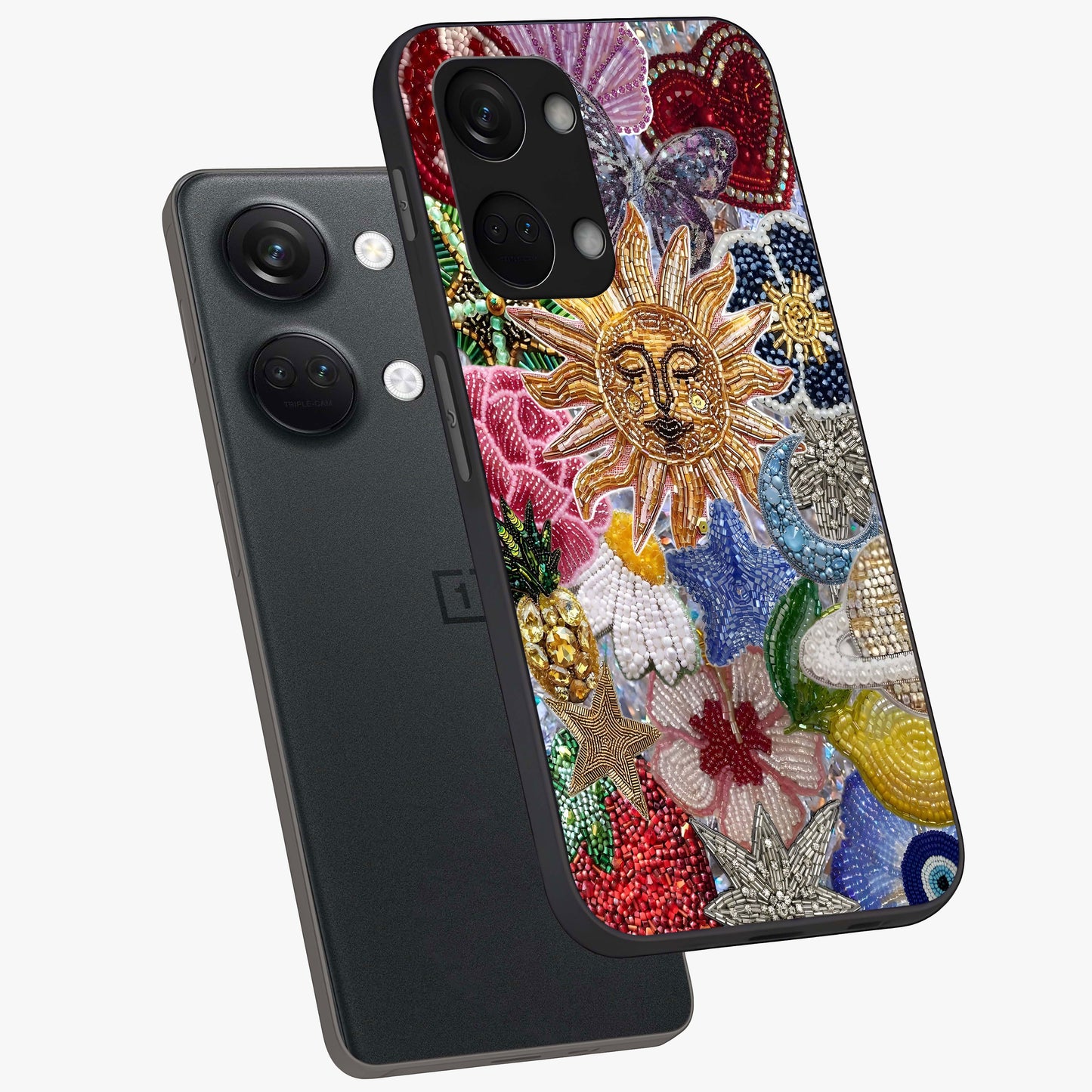 Celestial Floral and Playful Glass Case for 1+Nord 3 angled mockup showcasing glossy finish and colorful celestial detailing