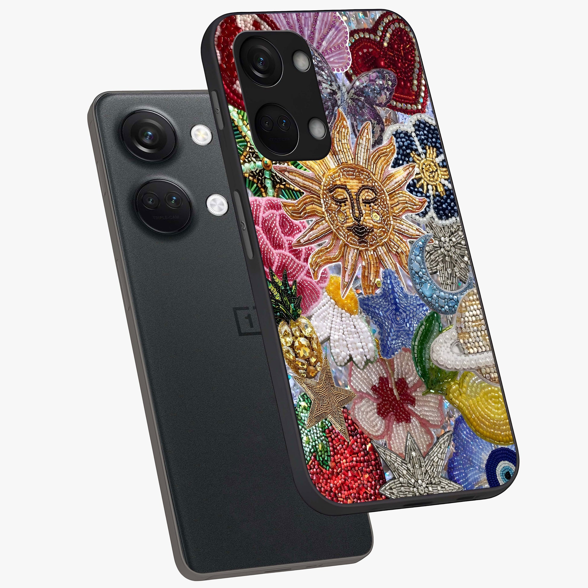 Celestial Floral and Playful Glass Case for 1+Nord 3 angled mockup showcasing glossy finish and colorful celestial detailing