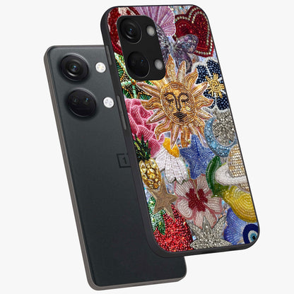 Celestial Floral and Playful Glass Case for 1+Nord 3 angled mockup showcasing glossy finish and colorful celestial detailing