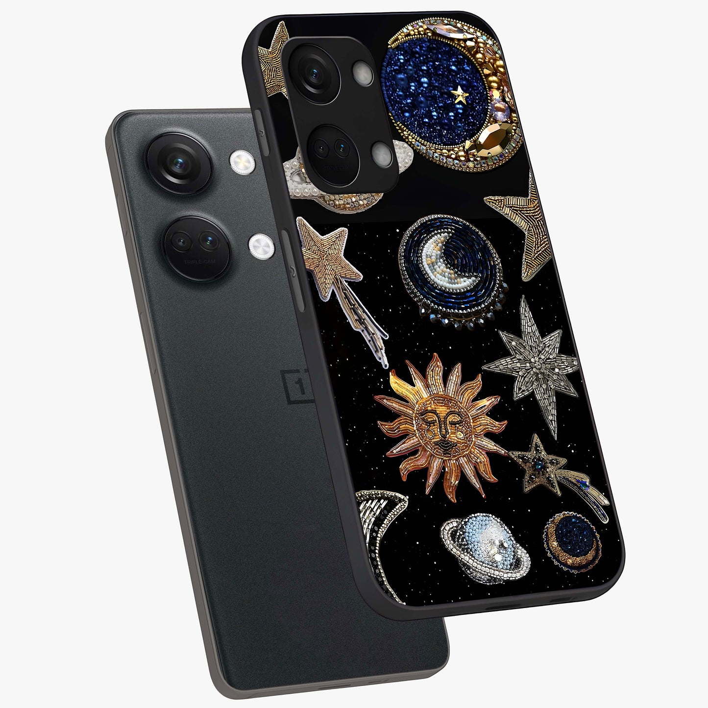 Celestial Gem Constellations Glass Case for 1+Nord 3 angled mockup showcasing glossy finish and sparkling cosmic design