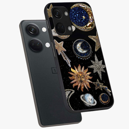 Celestial Gem Constellations Glass Case for 1+Nord 3 angled mockup showcasing glossy finish and sparkling cosmic design