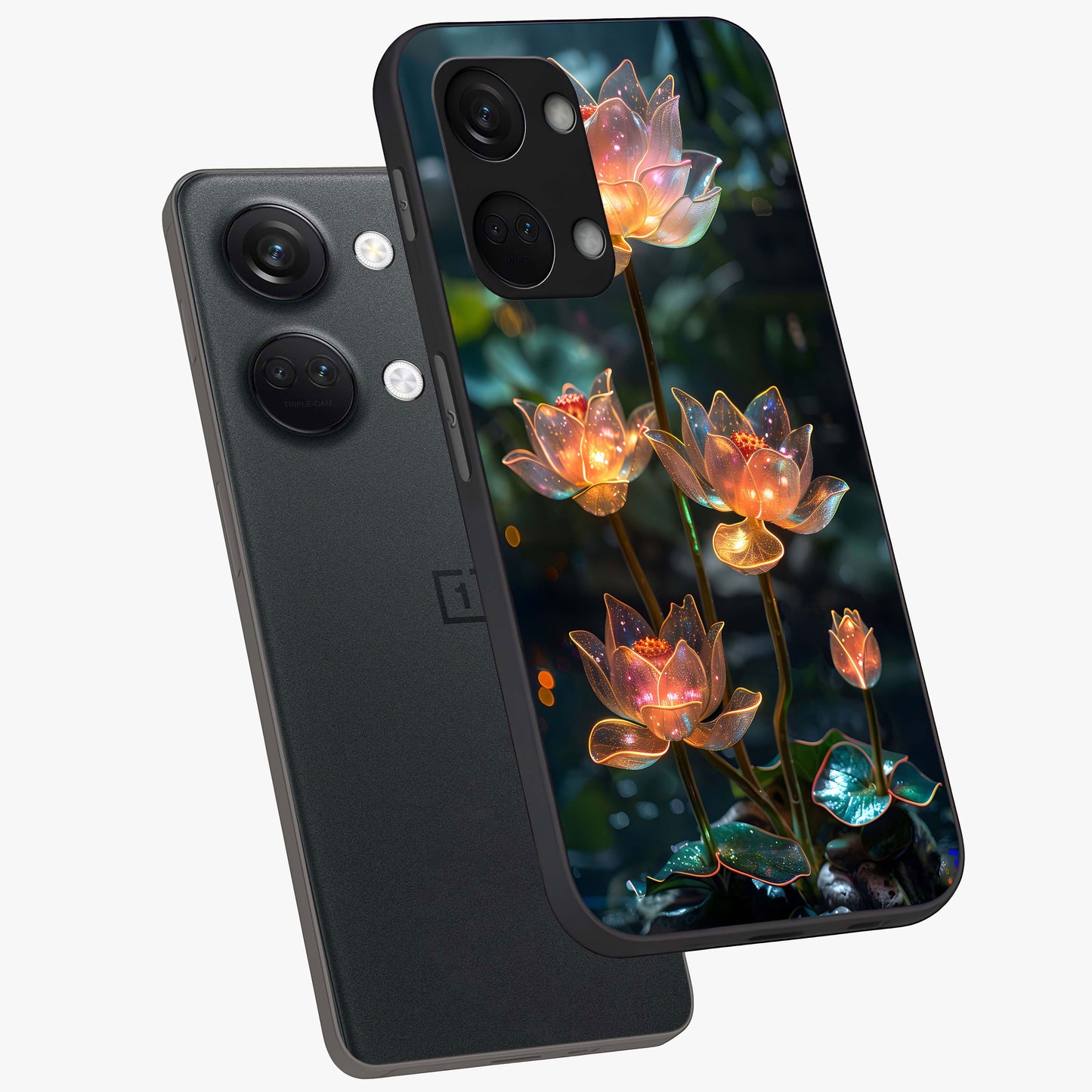 Celestial Lotus Light Glass Case for 1+Nord 3 angled mockup showcasing glossy finish and radiant celestial tones