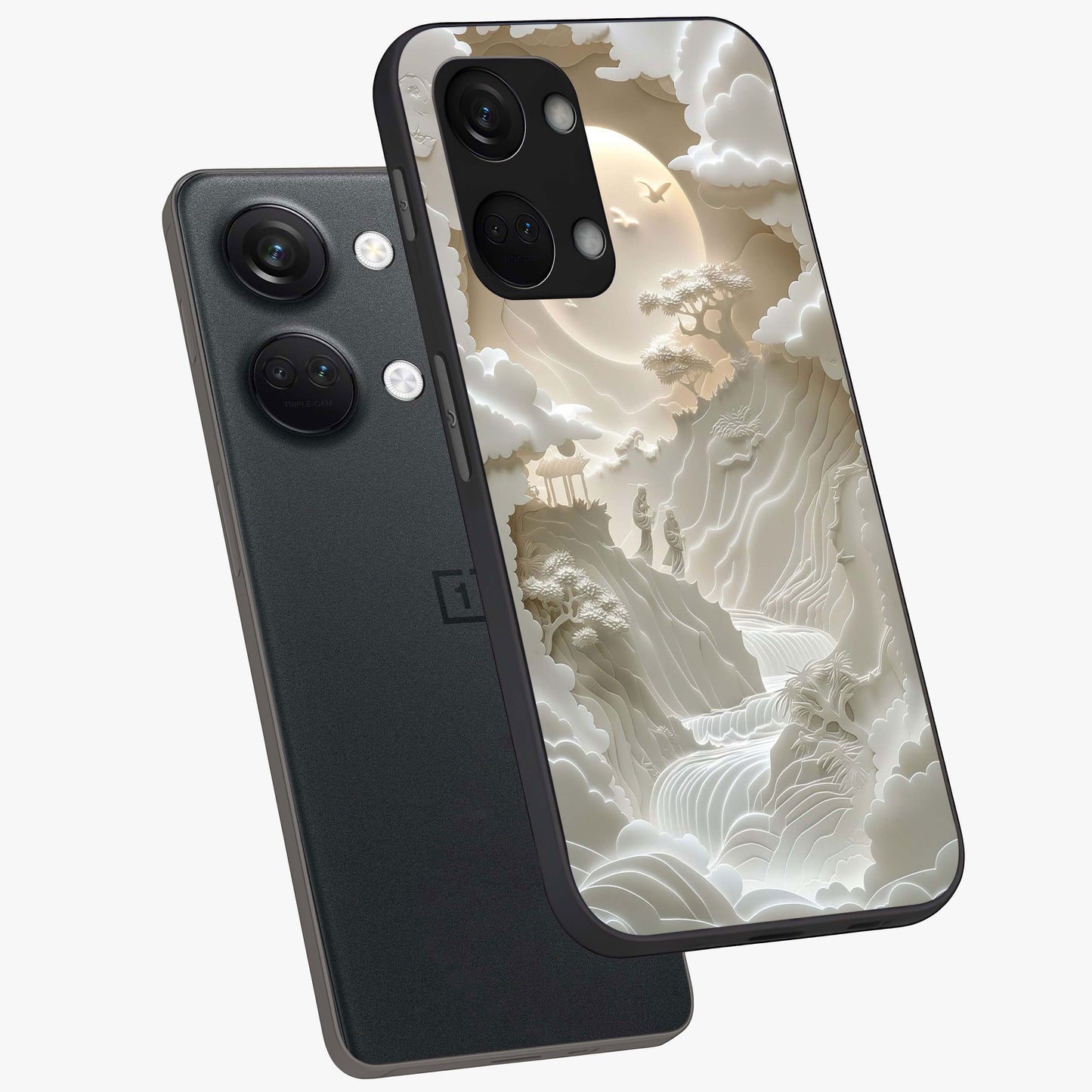 Celestial Origami Glass Case for 1+Nord 3 angled mockup showcasing glossy finish and geometric celestial design