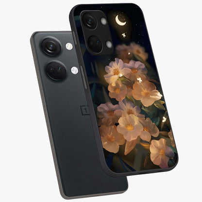 Celestial Petal Night Glass Case for 1+Nord 3 angled mockup showcasing glossy finish and glowing celestial accents