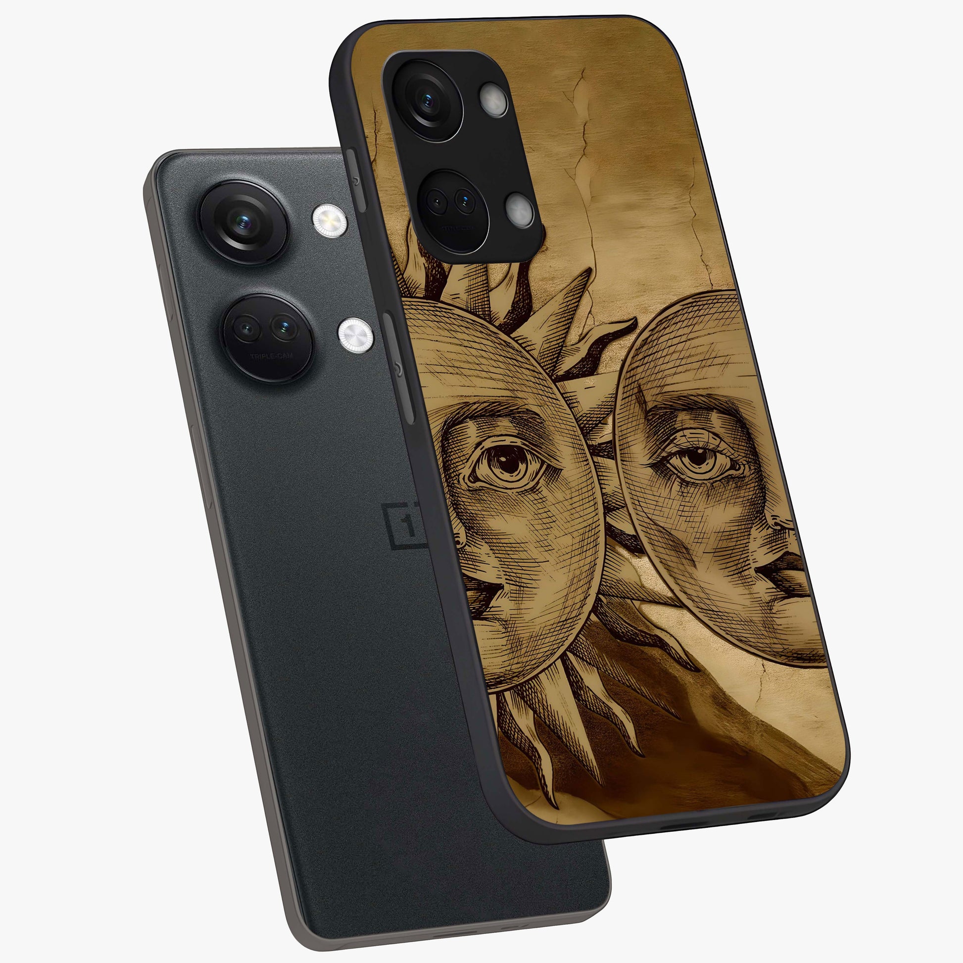 Celestial Relic Glow Glass Case for 1+Nord 3 angled mockup showcasing glossy finish and radiant glow detailing