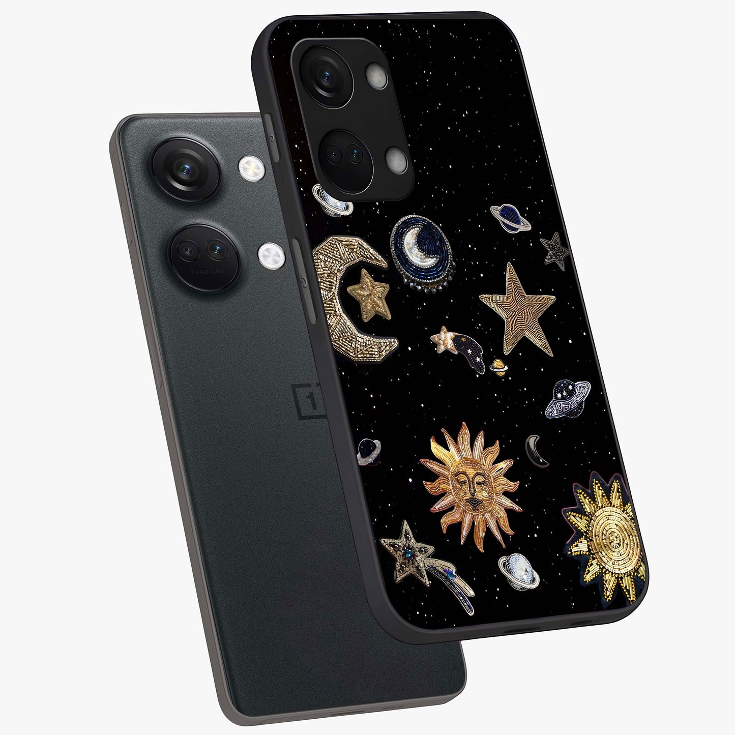 Celestial Star Charm Glass Case for 1+Nord 3 angled mockup showcasing glossy finish and shimmering celestial tones