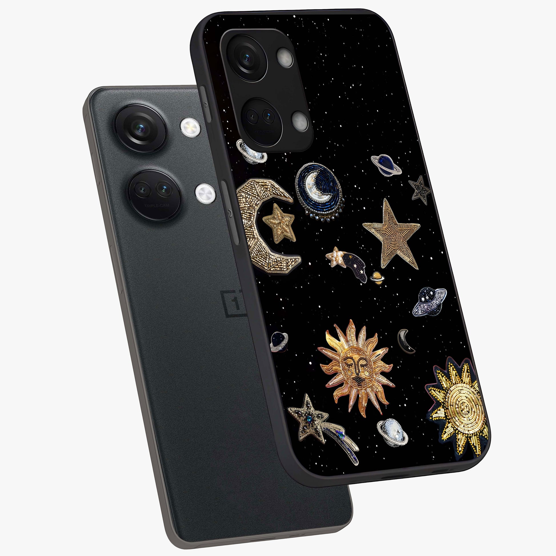 Celestial Star Charm Glass Case for 1+Nord 3 angled mockup showcasing glossy finish and shimmering celestial tones