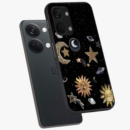 Celestial Star Charm Glass Case for 1+Nord 3 angled mockup showcasing glossy finish and shimmering celestial tones