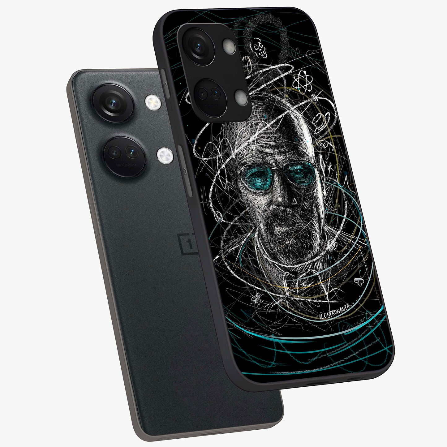 Chaotic Mind Genius Glass Case for 1+Nord 3 angled mockup showcasing glossy finish and edgy artistic design
