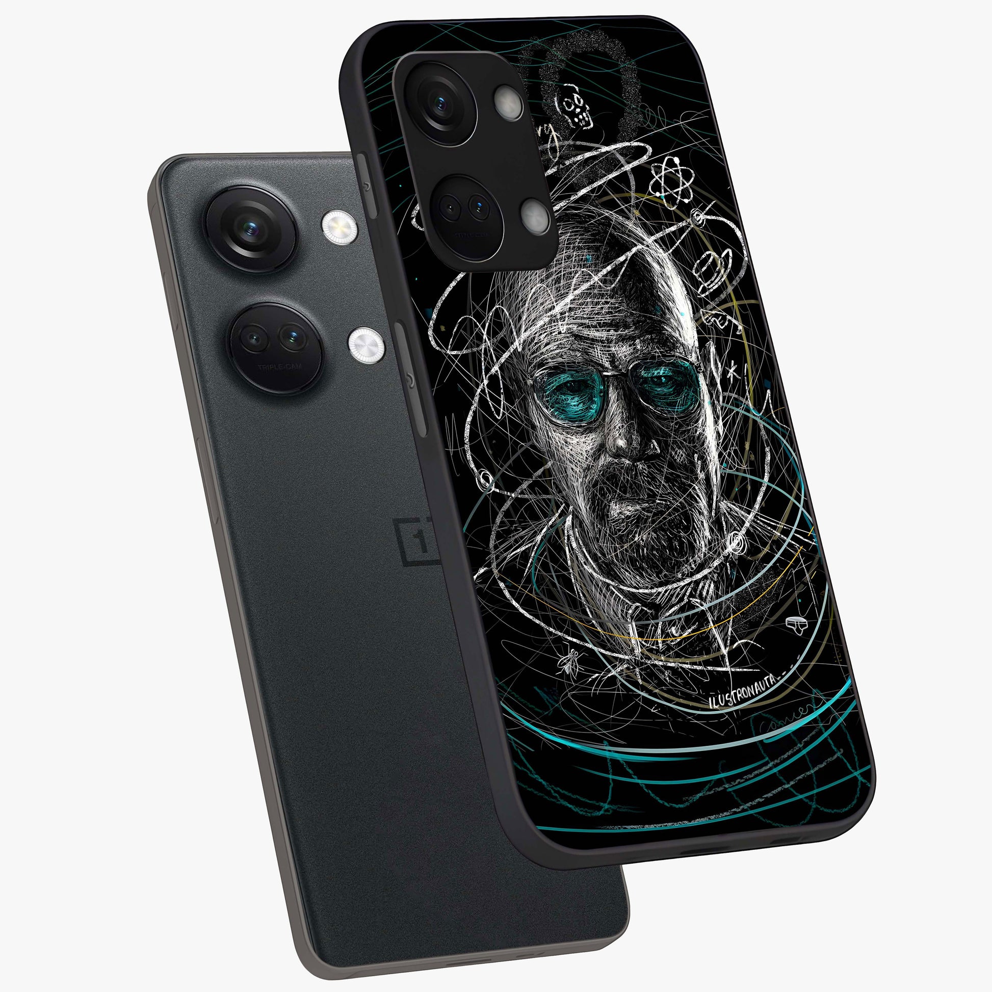 Chaotic Mind Genius Glass Case for 1+Nord 3 angled mockup showcasing glossy finish and edgy artistic design