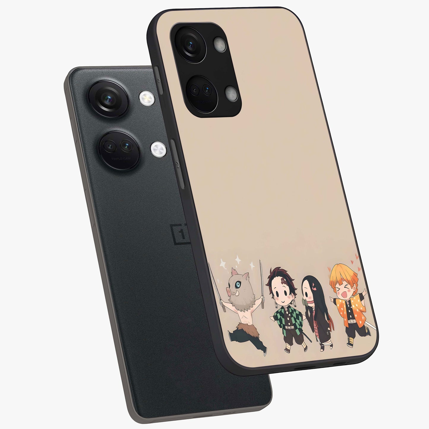 Chibi Demon Squad Glass Case for 1+Nord 3 angled mockup showcasing glossy finish and vibrant anime inspired design