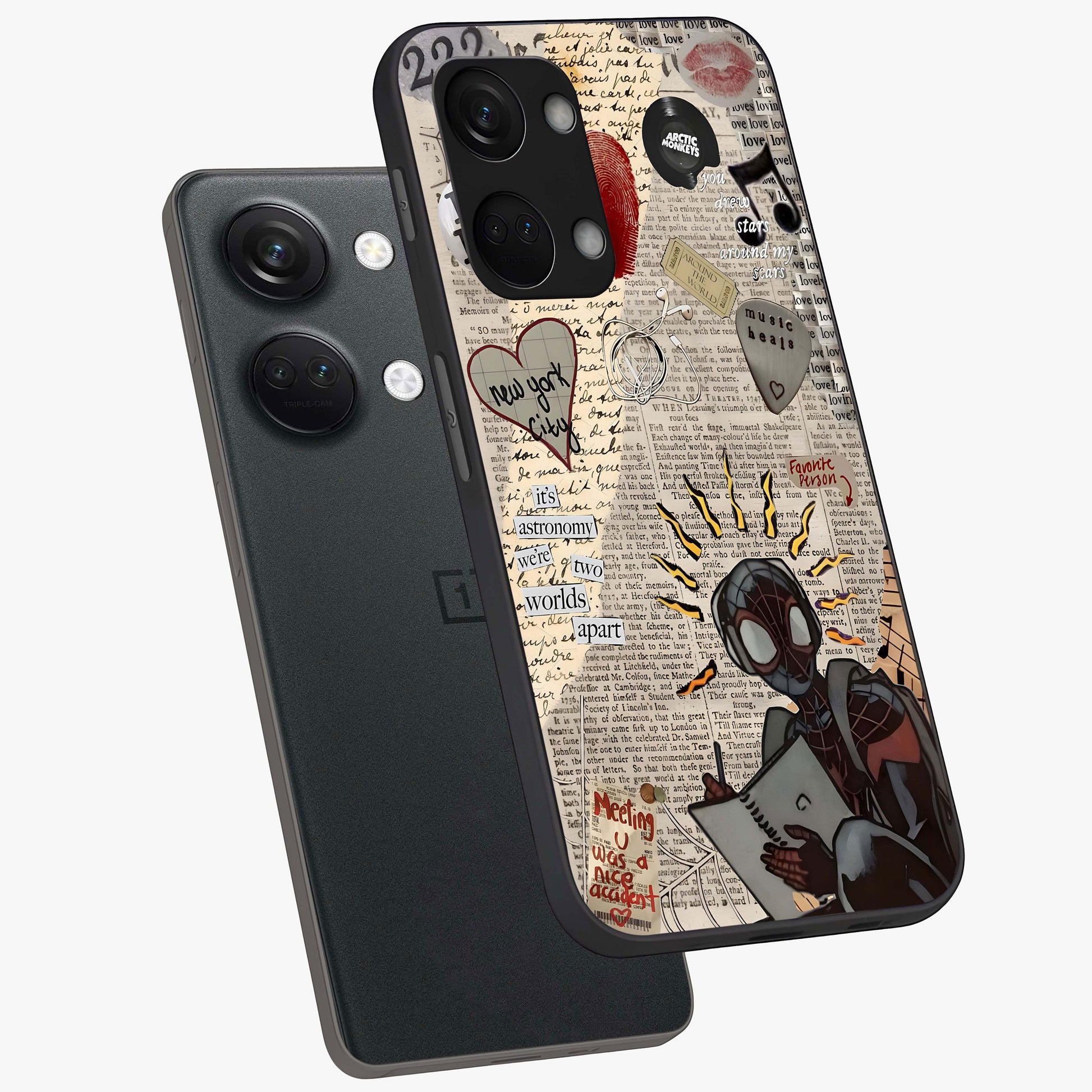City Dream Sketch Glass Case for 1+Nord 3 captured at a warm angle highlighting urban line details, gloss, and edge clarity.