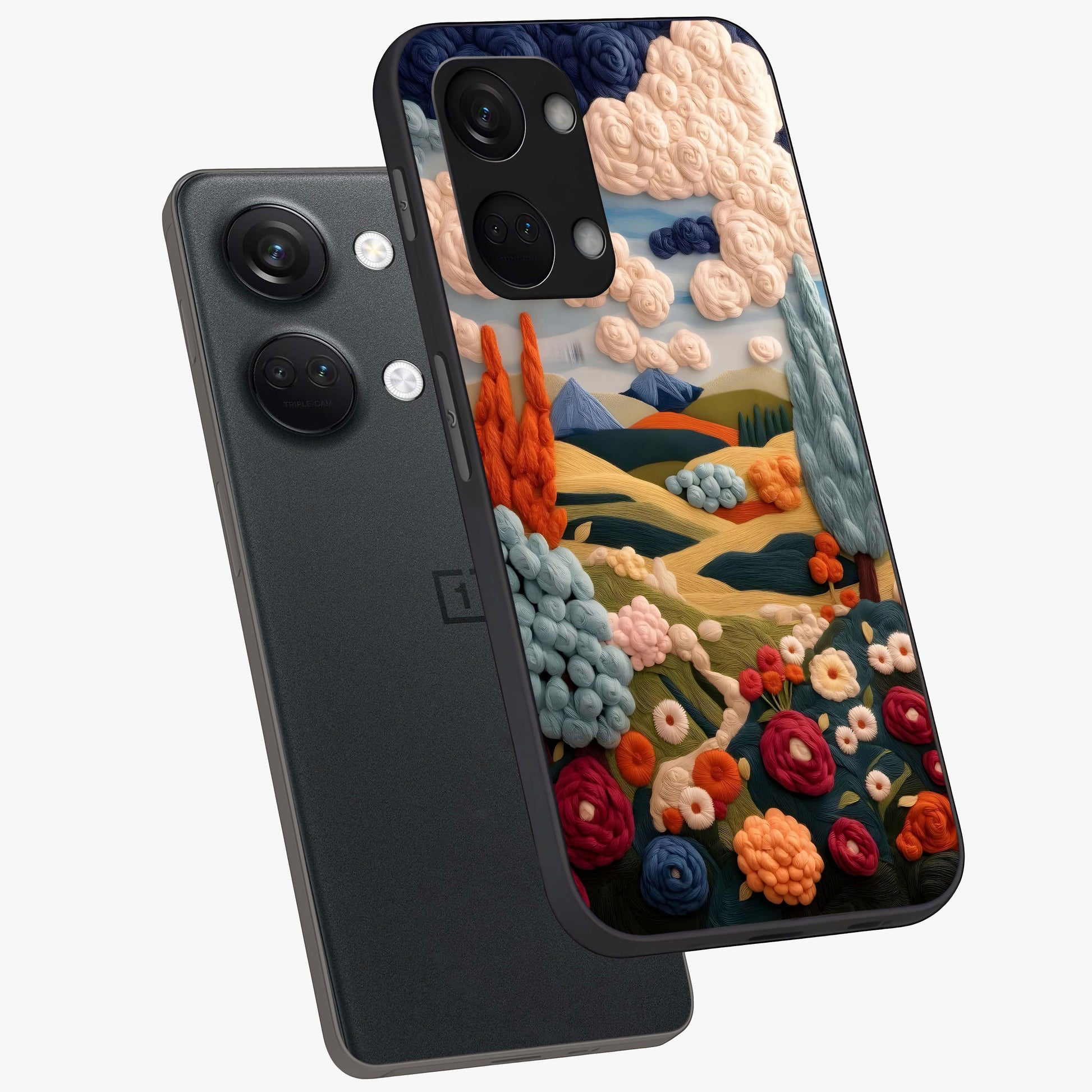Cloud Cotton Meadows Printed Glass Case for 1+Nord 3 angled mockup showcasing glossy glass finish and airy pastel design