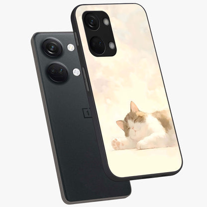 Cloud Nap Cat Glass Case for 1+Nord 3 angled mockup showcasing glossy finish and cozy pastel tones