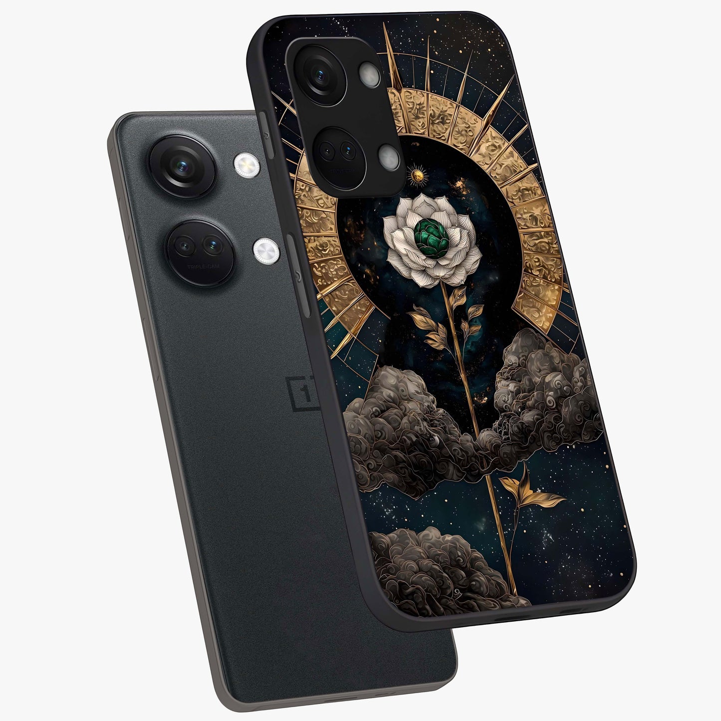 Cosmic Bloom Rose Glass Case for 1+Nord 3 angled mockup showcasing glossy finish and vibrant celestial floral tones