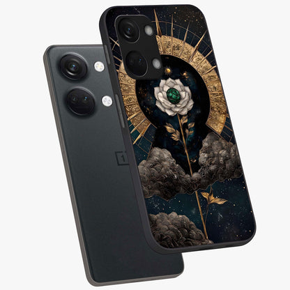 Cosmic Bloom Rose Glass Case for 1+Nord 3 angled mockup showcasing glossy finish and vibrant celestial floral tones
