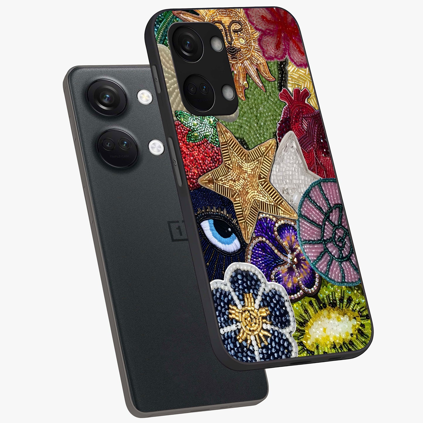 Cosmic Charm Shine Glass Case for 1+Nord 3 angled mockup showcasing glossy finish and sparkling cosmic tones
