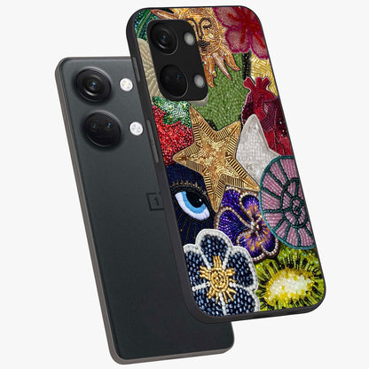 Cosmic Charm Shine Glass Case for 1+Nord 3 angled mockup showcasing glossy finish and sparkling cosmic tones