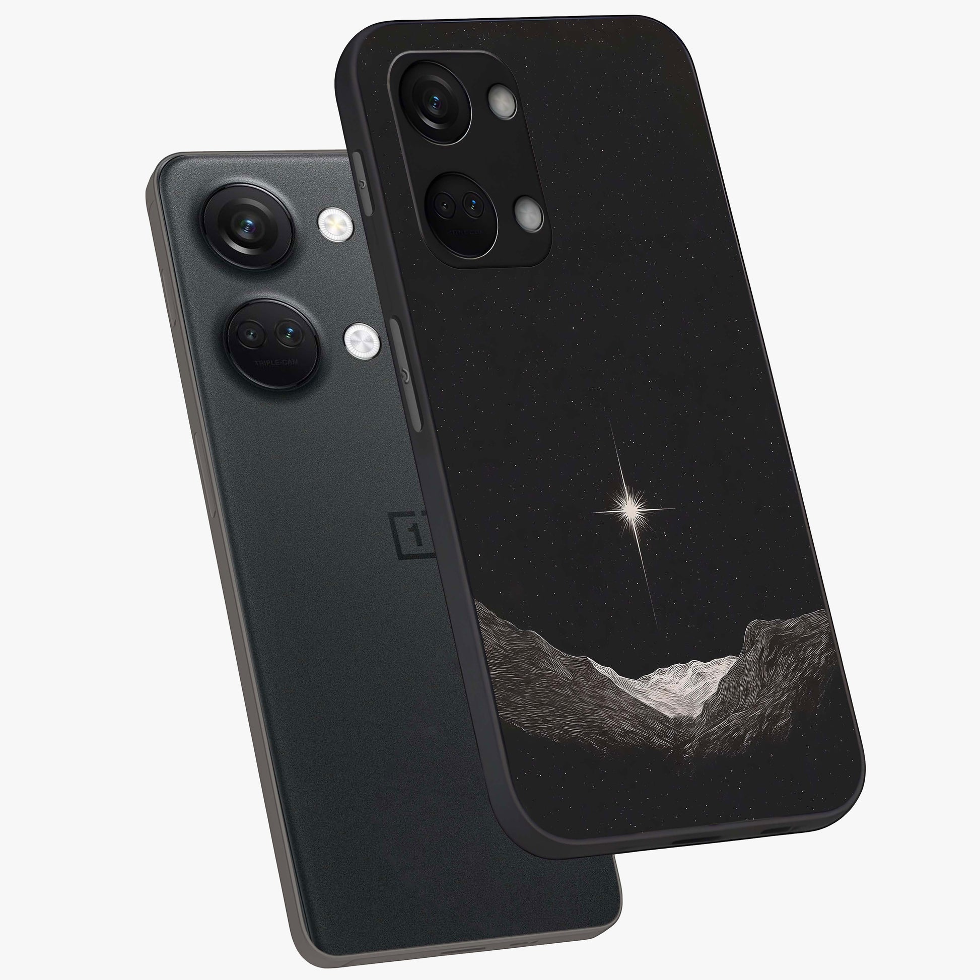 Cosmic Dream Night Glass Case for 1+Nord 3 angled mockup showcasing glossy finish and rich midnight gradients