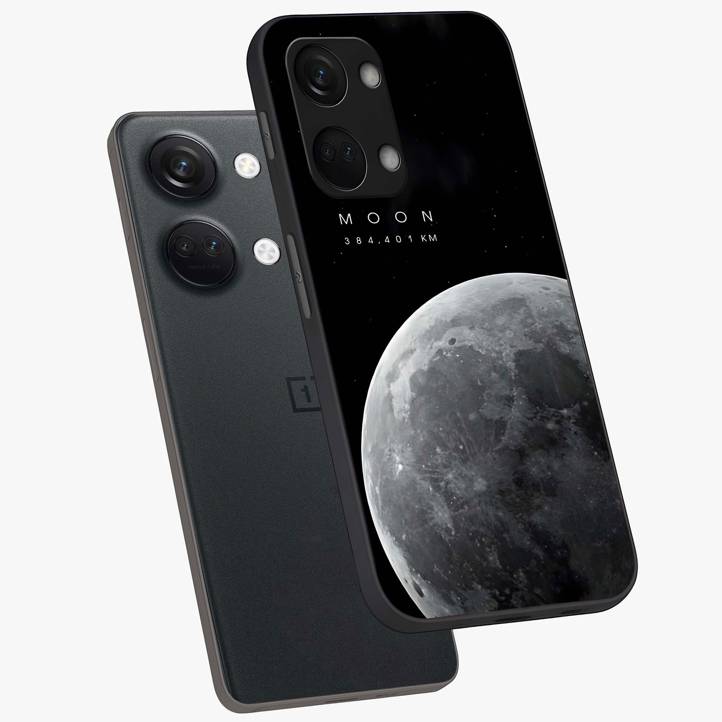 Cosmic Moon Glow Glass Case for 1+Nord 3 angled mockup showcasing glossy finish and luminous night design