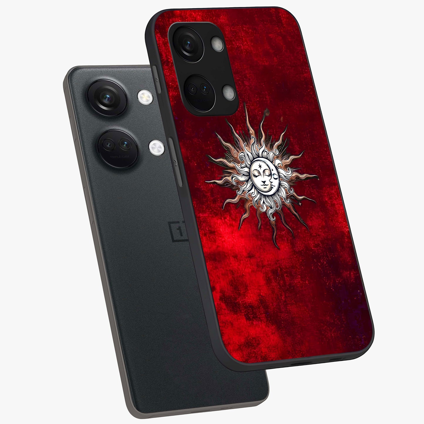 Cosmic Twin Eclipse Glass Case for 1+Nord 3 angled mockup showcasing glossy finish and bold celestial contrast