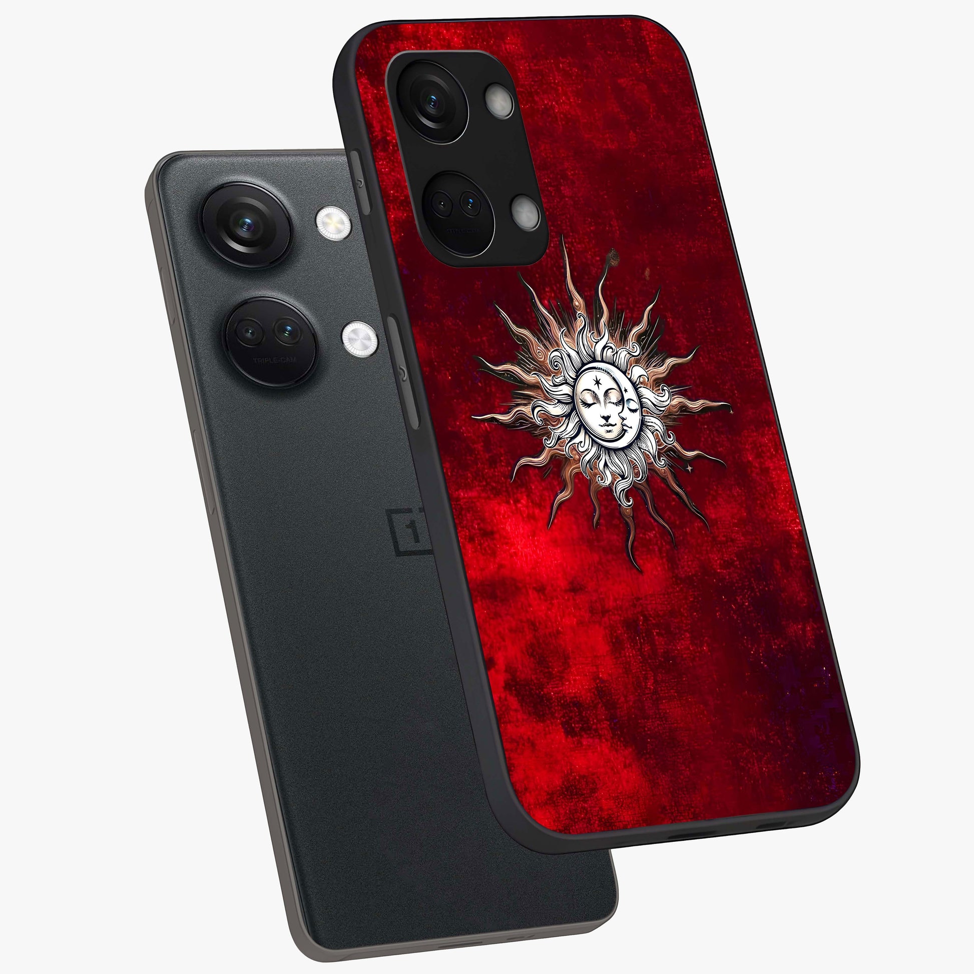 Cosmic Twin Eclipse Glass Case for 1+Nord 3 angled mockup showcasing glossy finish and bold celestial contrast