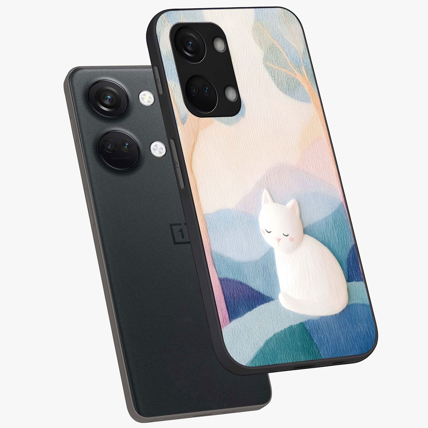 Cotton Dream Cat Glass Case for 1+Nord 3 angled mockup showcasing glossy glass finish and cozy aesthetic design