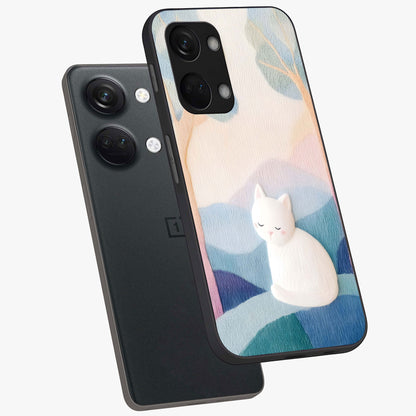 Cotton Dream Cat Glass Case for 1+Nord 3 angled mockup showcasing glossy glass finish and cozy aesthetic design