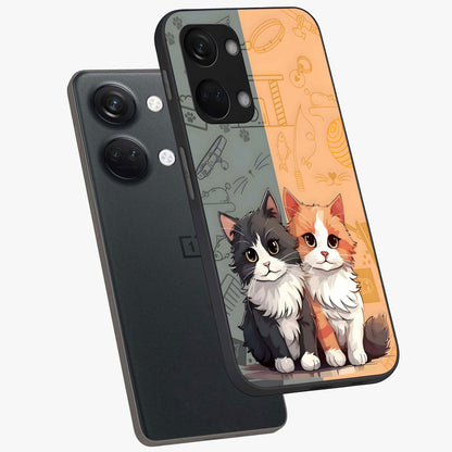 Cozy Cat Duo Glass Case for 1+Nord 3 angled mockup showcasing glossy finish and charming pastel tones