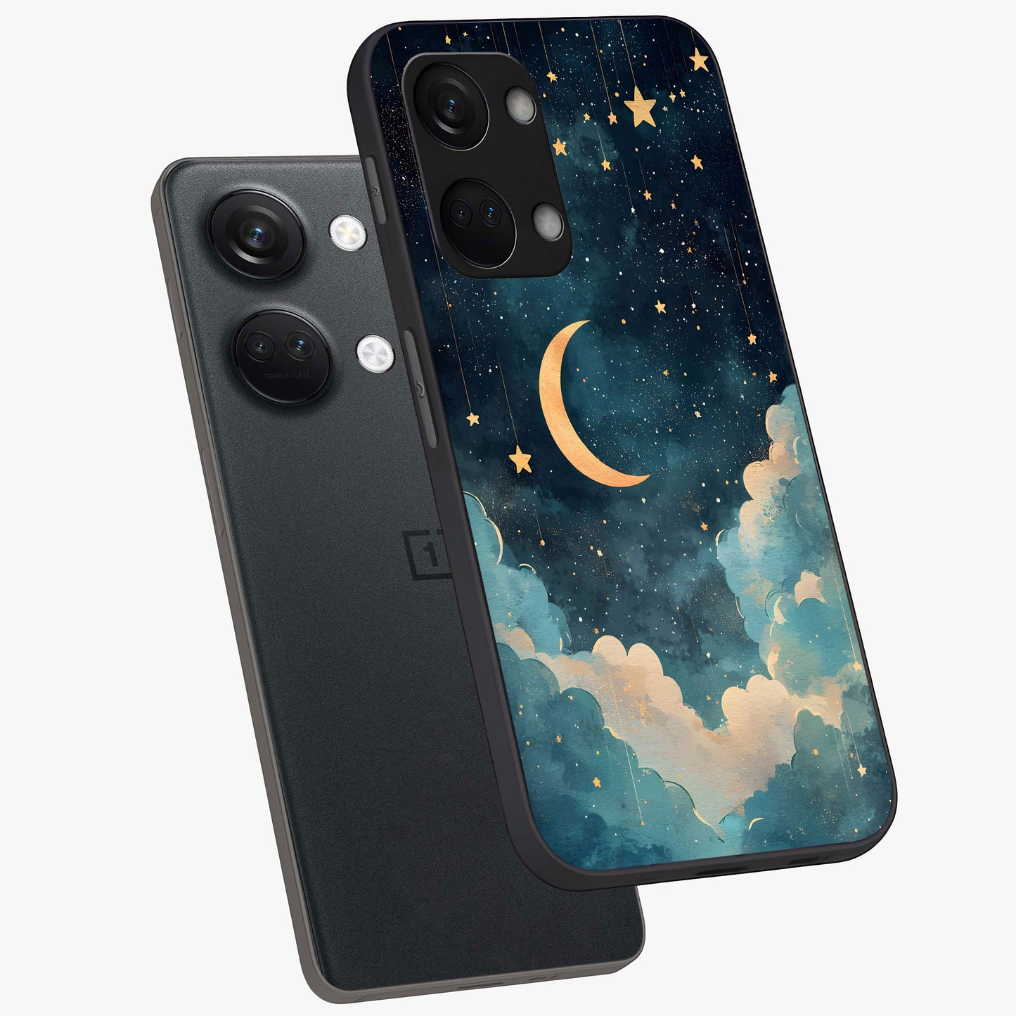 Crescent Galaxy Moon Glass Case for 1+Nord 3 angled mockup showcasing glossy finish and glowing galaxy tones