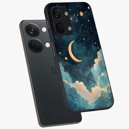 Crescent Galaxy Moon Glass Case for 1+Nord 3 angled mockup showcasing glossy finish and glowing galaxy tones