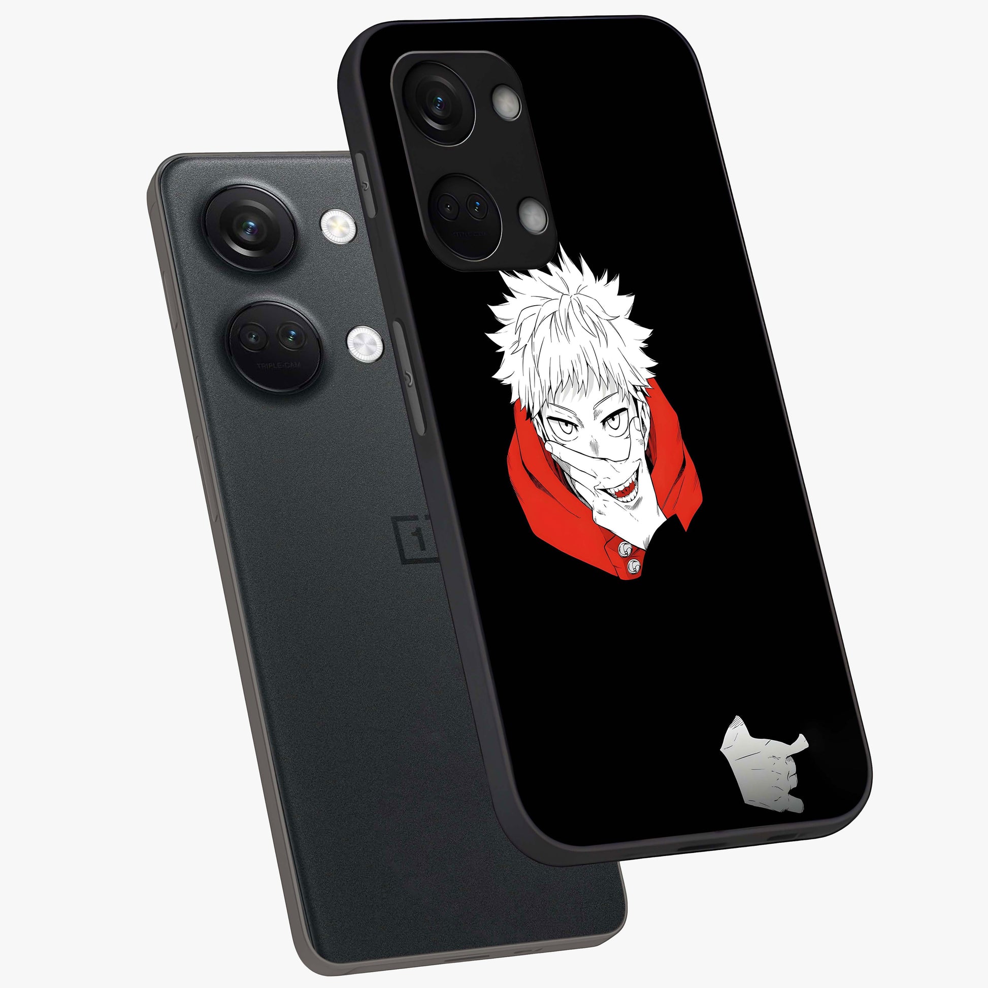 Crimson Chaos Smile Glass Case for 1+Nord 3 angled mockup showcasing glossy finish and dramatic red detailing