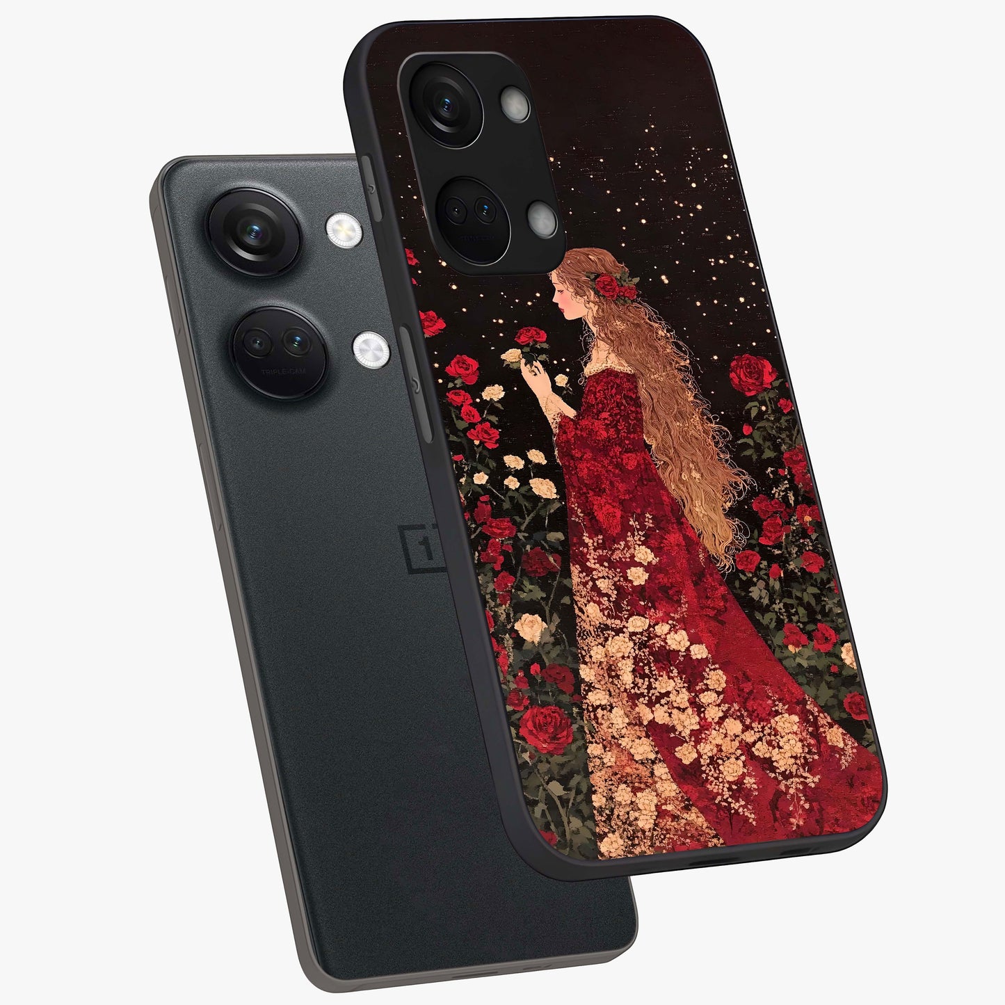 Crimson Dreams Glass Case for 1+Nord 3 angled mockup showcasing glossy finish and deep crimson gradients