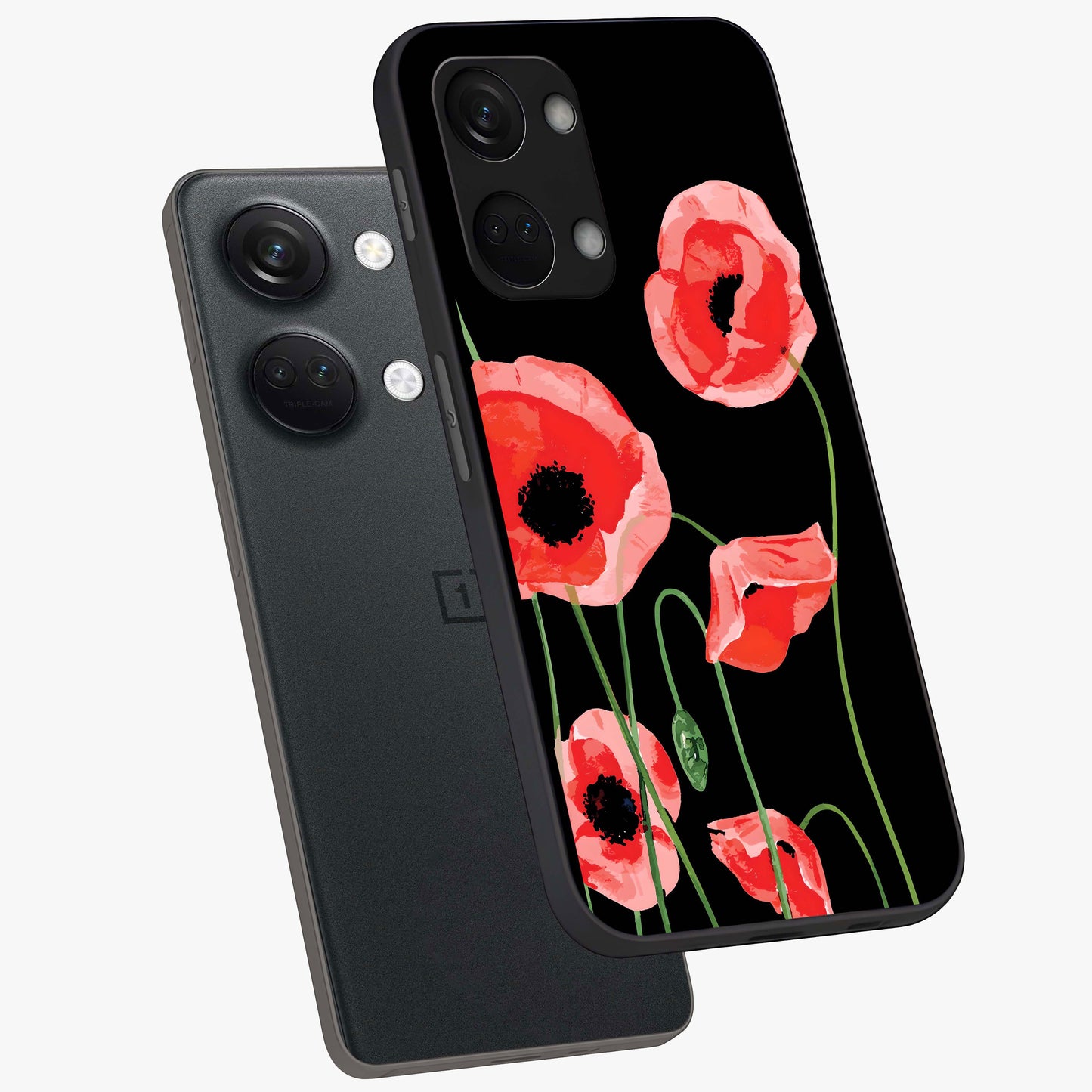 Crimson Garden Dream Glass Case for 1+Nord 3 angled mockup showcasing glossy finish and vibrant bloom detailing