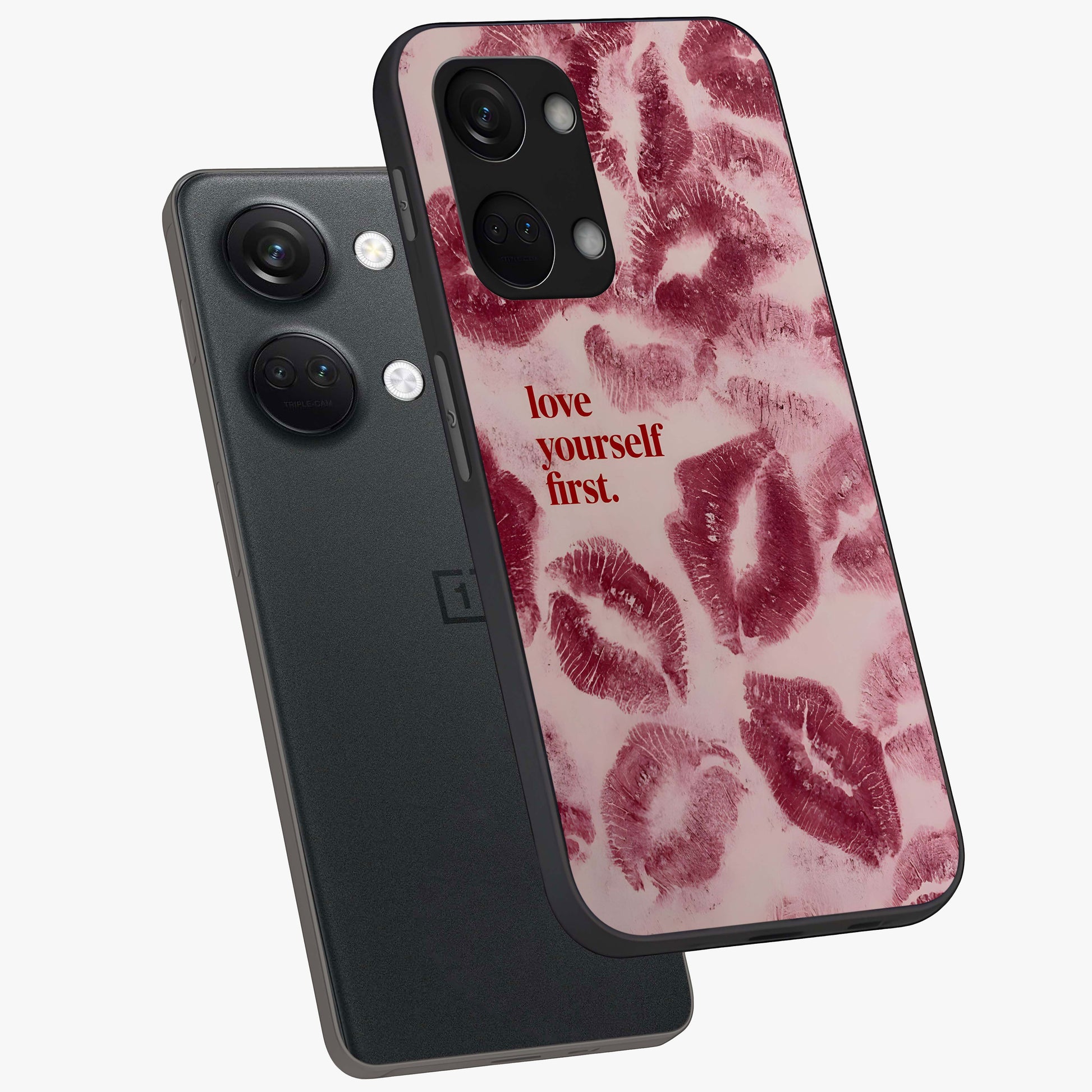 Crimson Kiss Love Glass Case for 1+Nord 3 angled mockup showcasing glossy glass finish and rich red tones