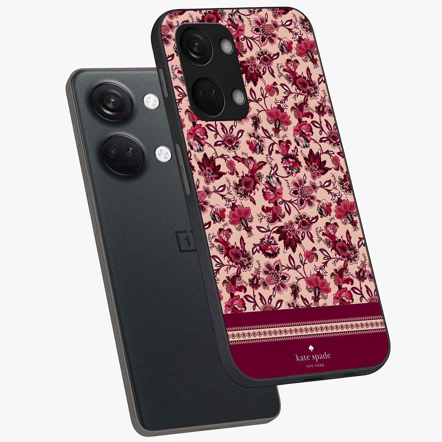 Crimson Rose Charm Glass Case for 1+Nord 3 angled mockup showcasing glossy finish and romantic floral detailing