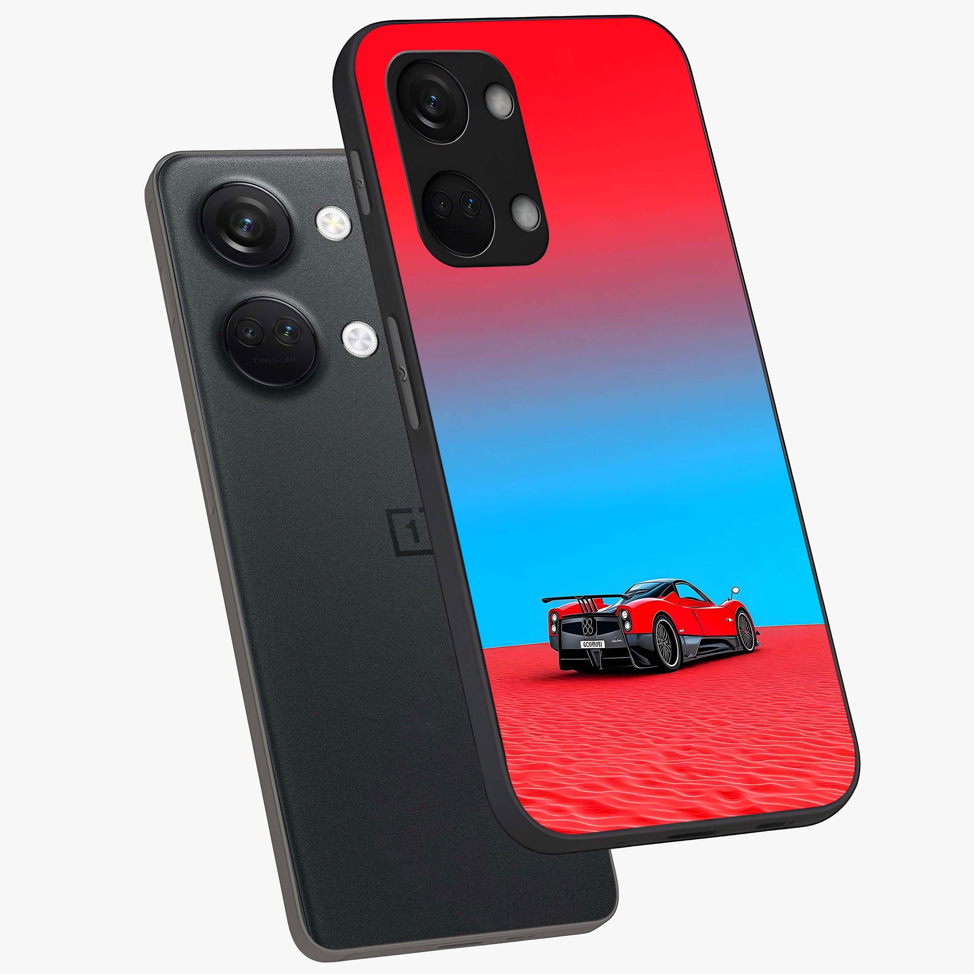 Crimson Speed Mirage Glass Case for 1+Nord 3 angled mockup showcasing glossy finish and dynamic speed detailing