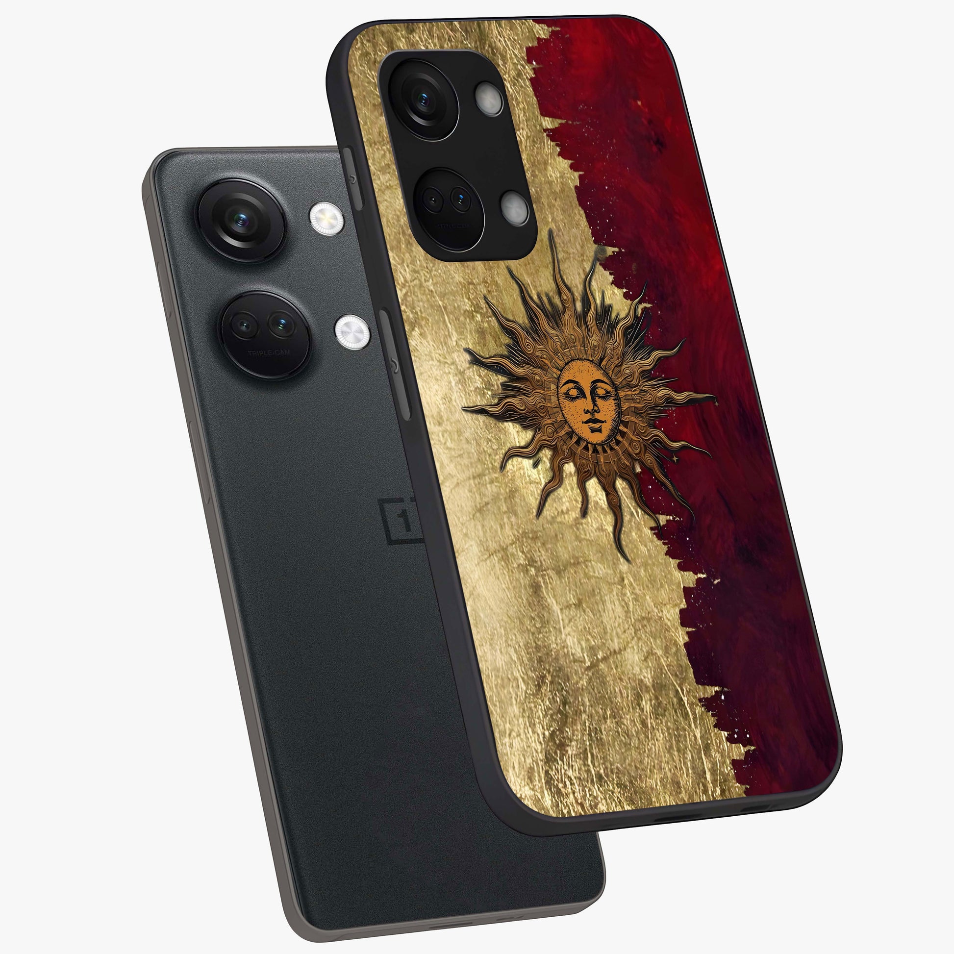 Crimson Sun Majesty Glass Case for 1+Nord 3 angled mockup showcasing glossy finish and majestic celestial tones