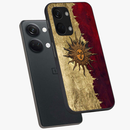 Crimson Sun Majesty Glass Case for 1+Nord 3 angled mockup showcasing glossy finish and majestic celestial tones