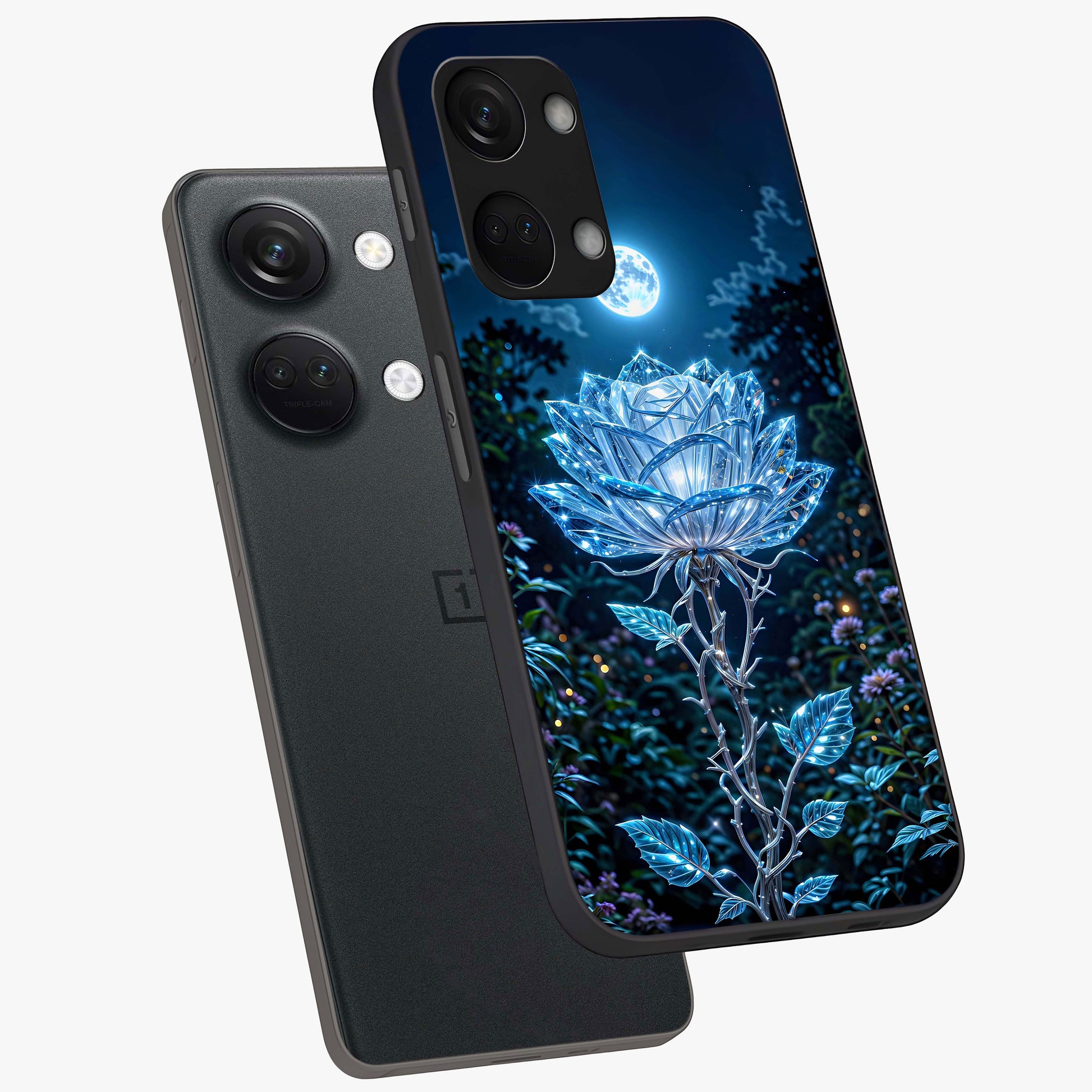 Crystal Moon Lotus Glass Case for 1+Nord 3 angled mockup showcasing glossy glass finish and luminous floral detailing