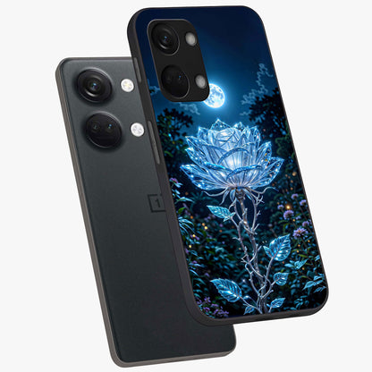 Crystal Moon Lotus Glass Case for 1+Nord 3 angled mockup showcasing glossy glass finish and luminous floral detailing