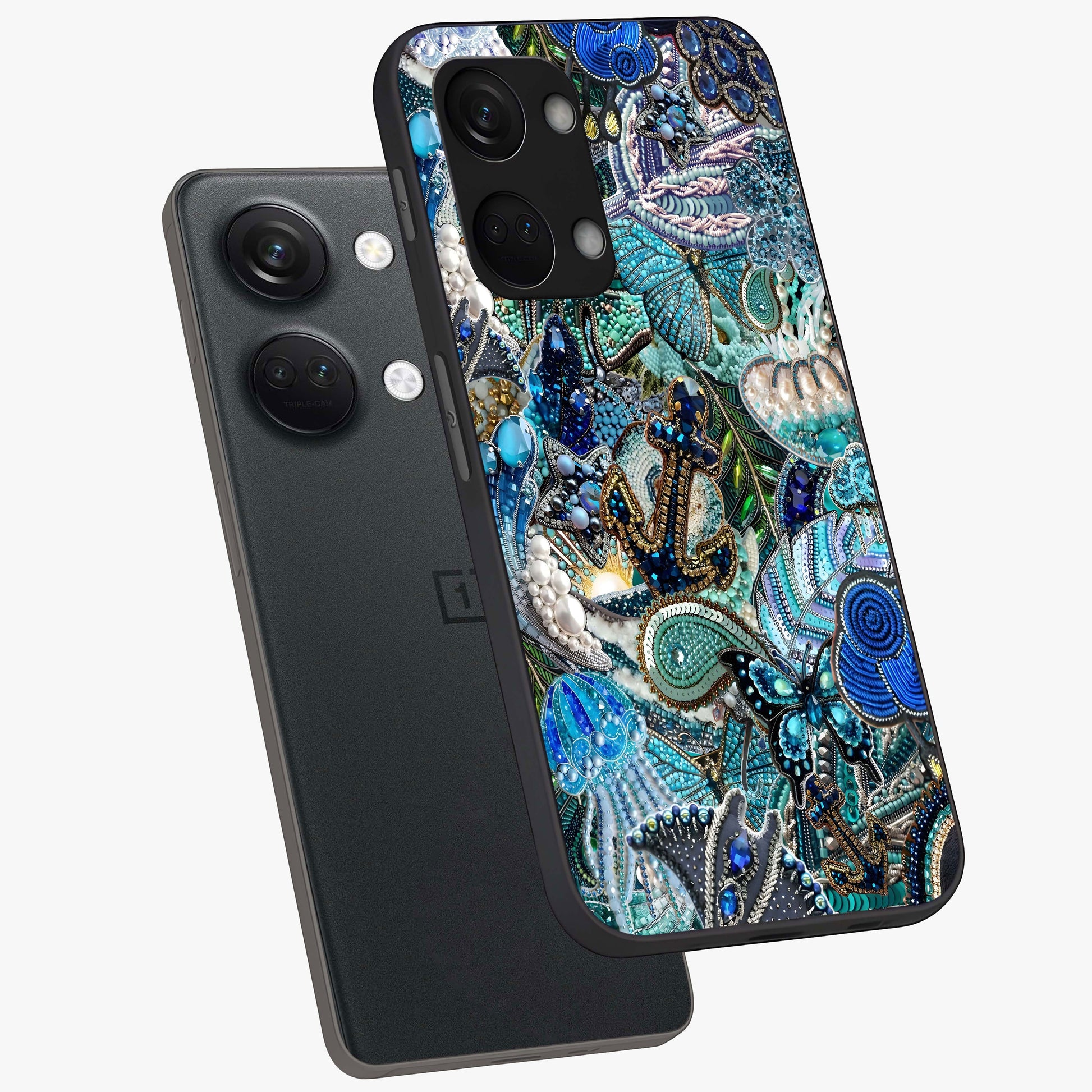 Crystal Ocean Magic Glass Case for 1+Nord 3 angled mockup showcasing glossy finish and flowing aqua tones