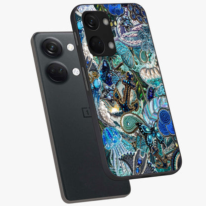 Crystal Ocean Magic Glass Case for 1+Nord 3 angled mockup showcasing glossy finish and flowing aqua tones