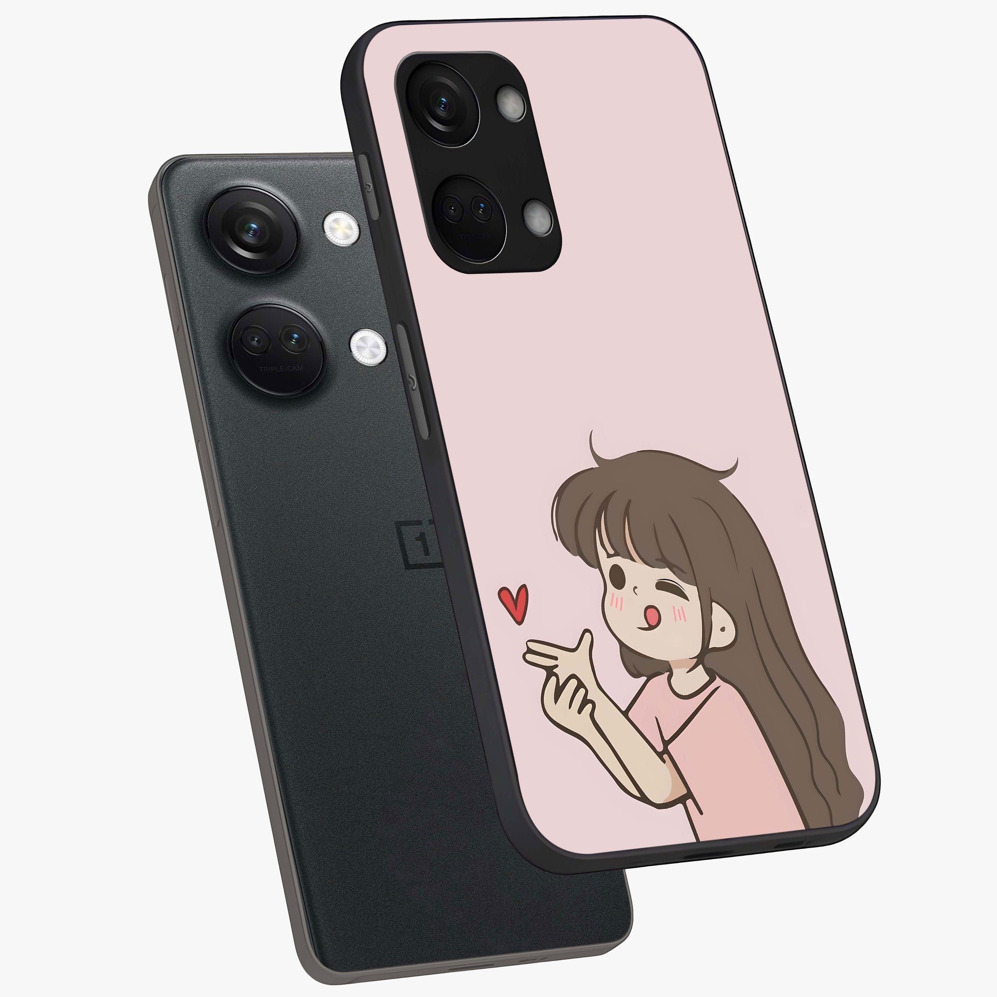 Cute Kiss Heart Glass Case for 1+Nord 3 angled mockup showcasing glossy finish and soft pastel tones
