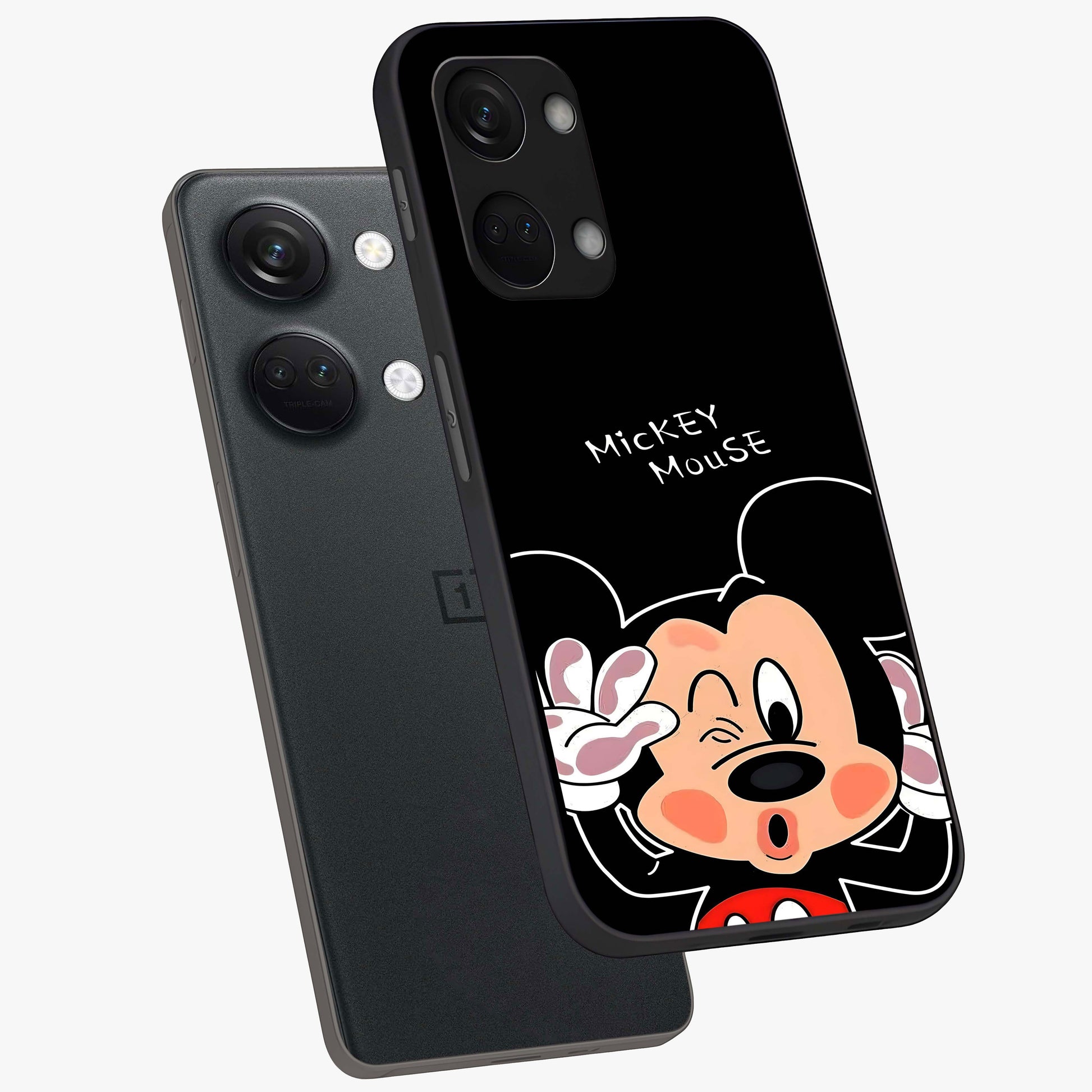 Cute Mickey Love Glass Case for 1+Nord 3 angled mockup showcasing glossy finish and vibrant character detailing