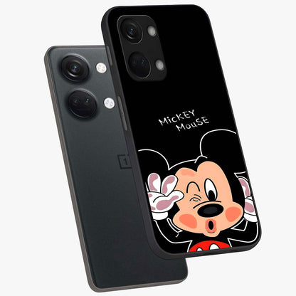 Cute Mickey Love Glass Case for 1+Nord 3 angled mockup showcasing glossy finish and vibrant character detailing